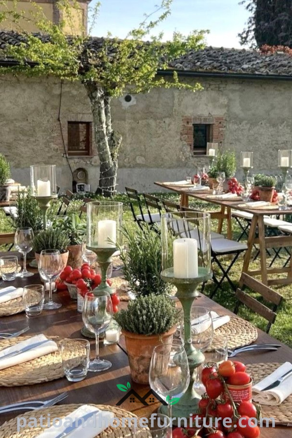 Outdoor table set for a cozy dinner with place settings and wine glasses, adorned with floral accents, inviting atmosphere and rustic charm, promoting unique ideas for your home decor at wellnesswink.com.