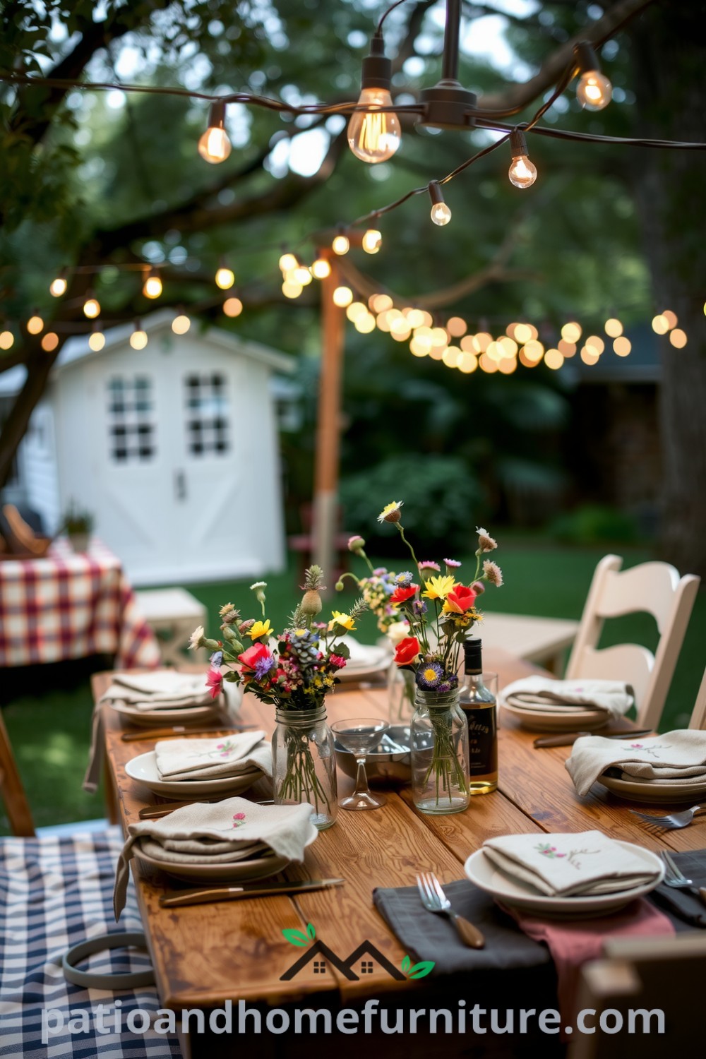Charming backyard dinner setup under twinkling lights, featuring a rustic table with checkered tablecloths, mismatched ceramic plates, and mason jar centerpieces filled with wildflowers, offering cozy ideas and design inspirations for a warm outdoor dining experience, from fireplacesandwoodstoves.com.