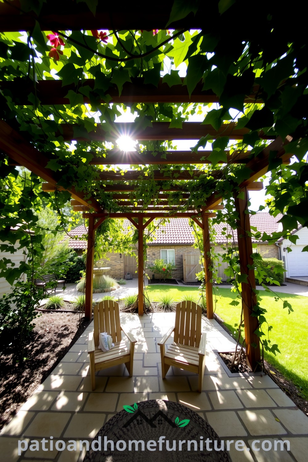 Cozy pergola in a backyard framed by climbing vines, with rustic wooden chairs on a weathered stone patio creating an inviting outdoor retreat, featured on fireplacesandwoodstoves.com.