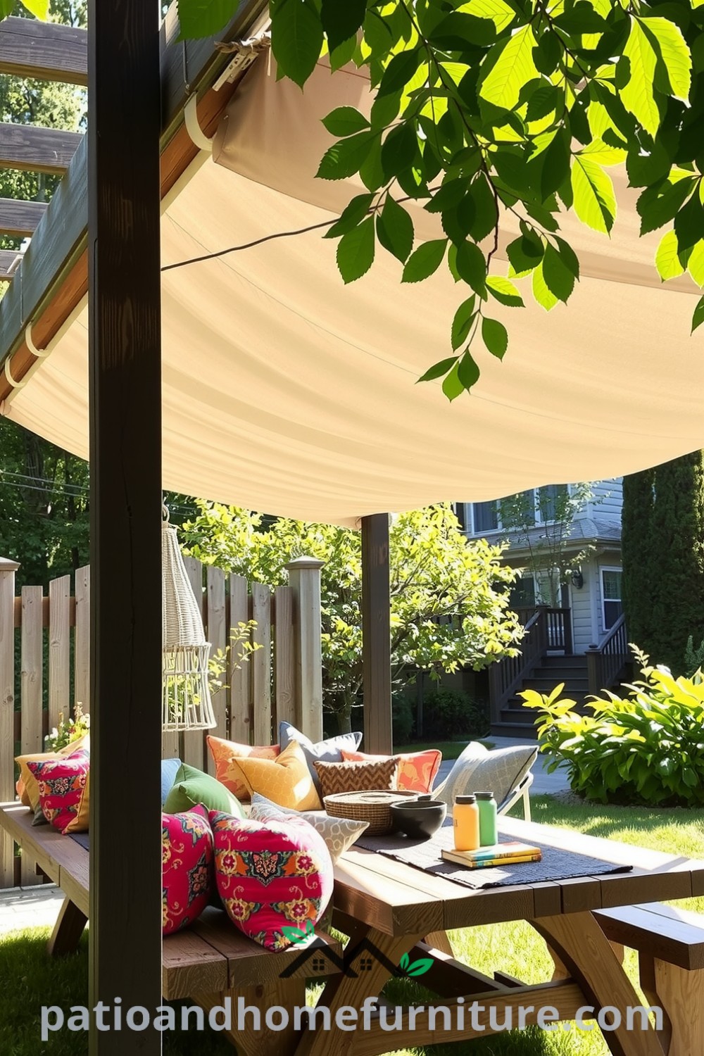 Retractable canopy pergola in a sunlit backyard, surrounded by greenery and featuring a rustic picnic table with vibrant cushions, showcasing cozy design ideas for outdoor relaxation, perfect for summer gatherings. Visit fireplacesandwoodstoves.com for more decor inspirations.