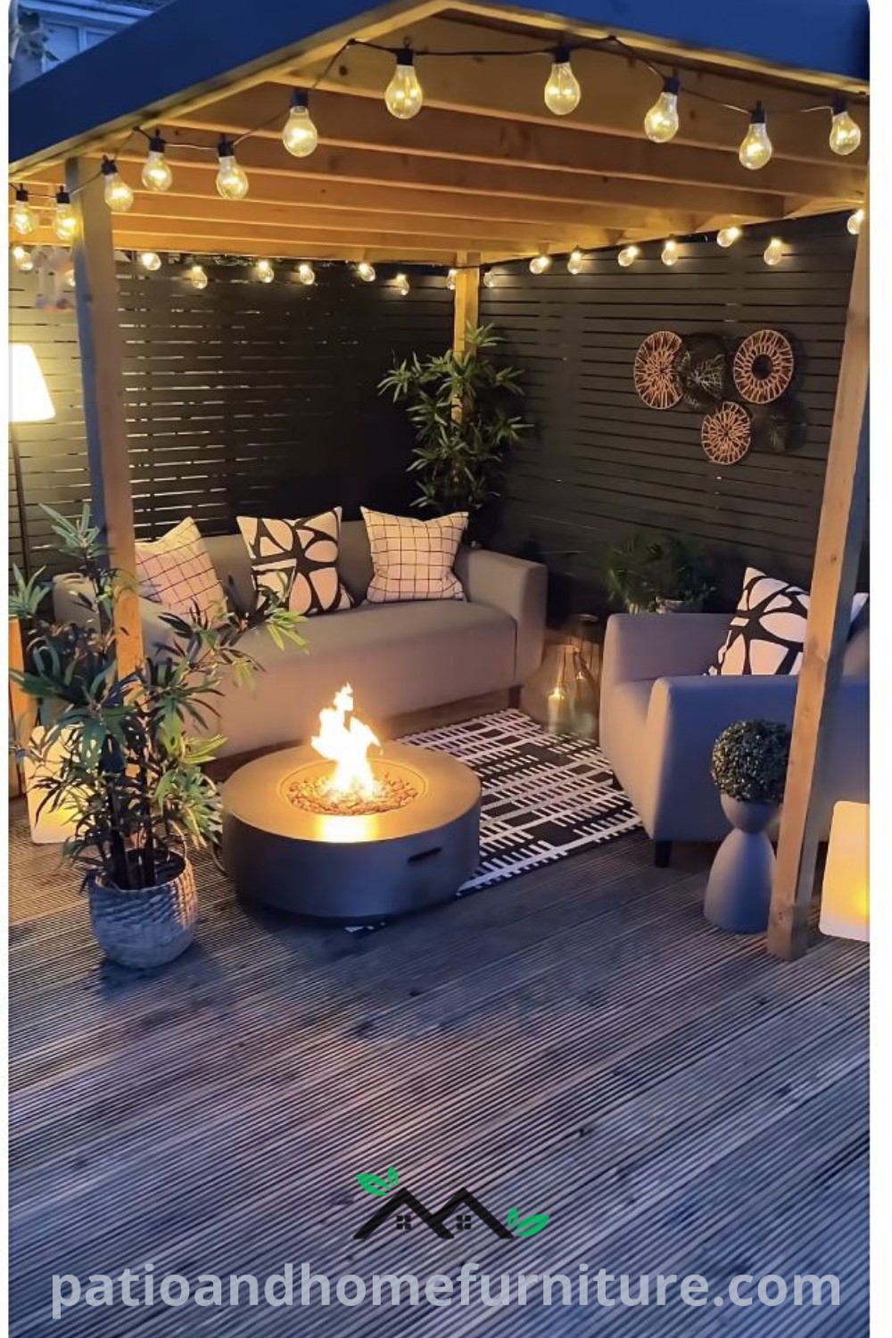 Cozy outdoor living area with couches and overhead lights on wooden decking, surrounded by plants and decor inspirations, designed to elevate your backyard with unique ideas for relaxation and gatherings, available at wellnesswink.com.