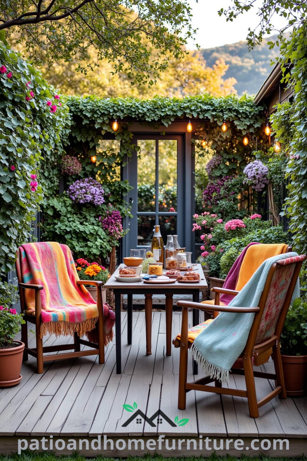 Cozy backyard retreat with a wooden deck, colorful blankets on chairs, vibrant potted plants, a rustic table for meals, and twinkling string lights creating an inviting atmosphere perfect for outdoor gatherings, showcasing unique ideas from fireplacesandwoodstoves.com.
