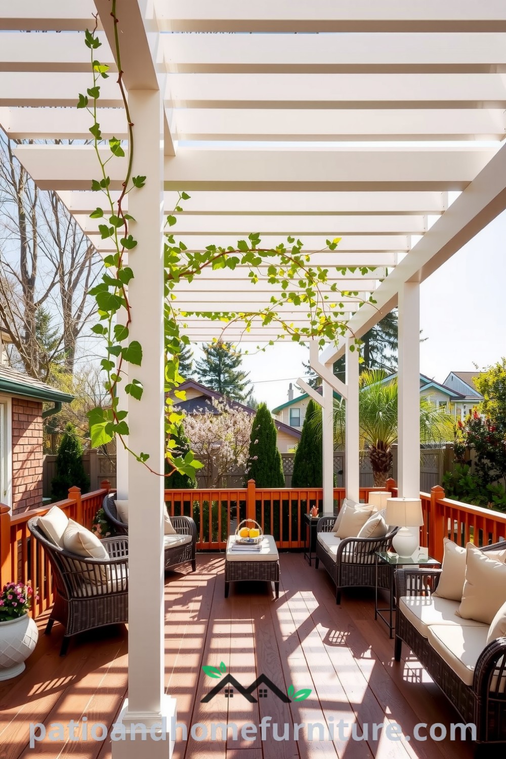 Vinyl pergola in a sunlit backyard with climbing vines, wooden deck, and comfortable outdoor furniture, offering cozy ideas for a tranquil space perfect for relaxation and gatherings, featured on fireplacesandwoodstoves.com.