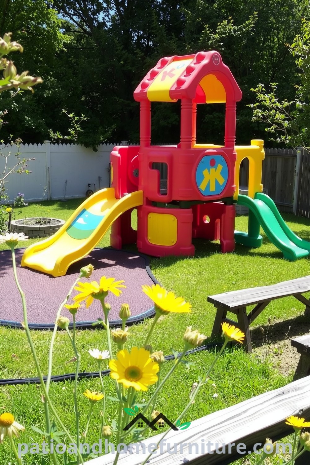 Colorful modular plastic playground in a sunlit grassy yard, surrounded by wildflowers, with a nearby wooden bench for parents to relax while watching their children play outdoors, providing inspiring decor ideas for a cozy home setting, perfect for family enjoyment.