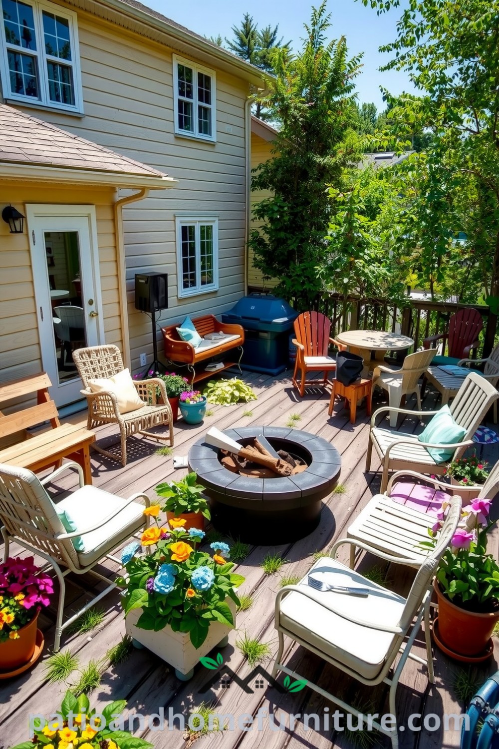 A cozy backyard with a weathered wooden deck, mismatched patio furniture, a rustic fire pit, and vibrant potted plants, creating an inviting atmosphere perfect for gatherings and relaxation. Explore more cozy ideas at fireplacesandwoodstoves.com.