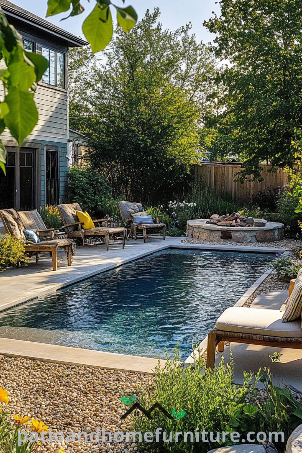 Sunny backyard oasis with above ground pool, cozy fire pit, and lush landscaping from patioandhomefurniture.com, showcasing backyard pool ideas and outdoor living space inspirations.
