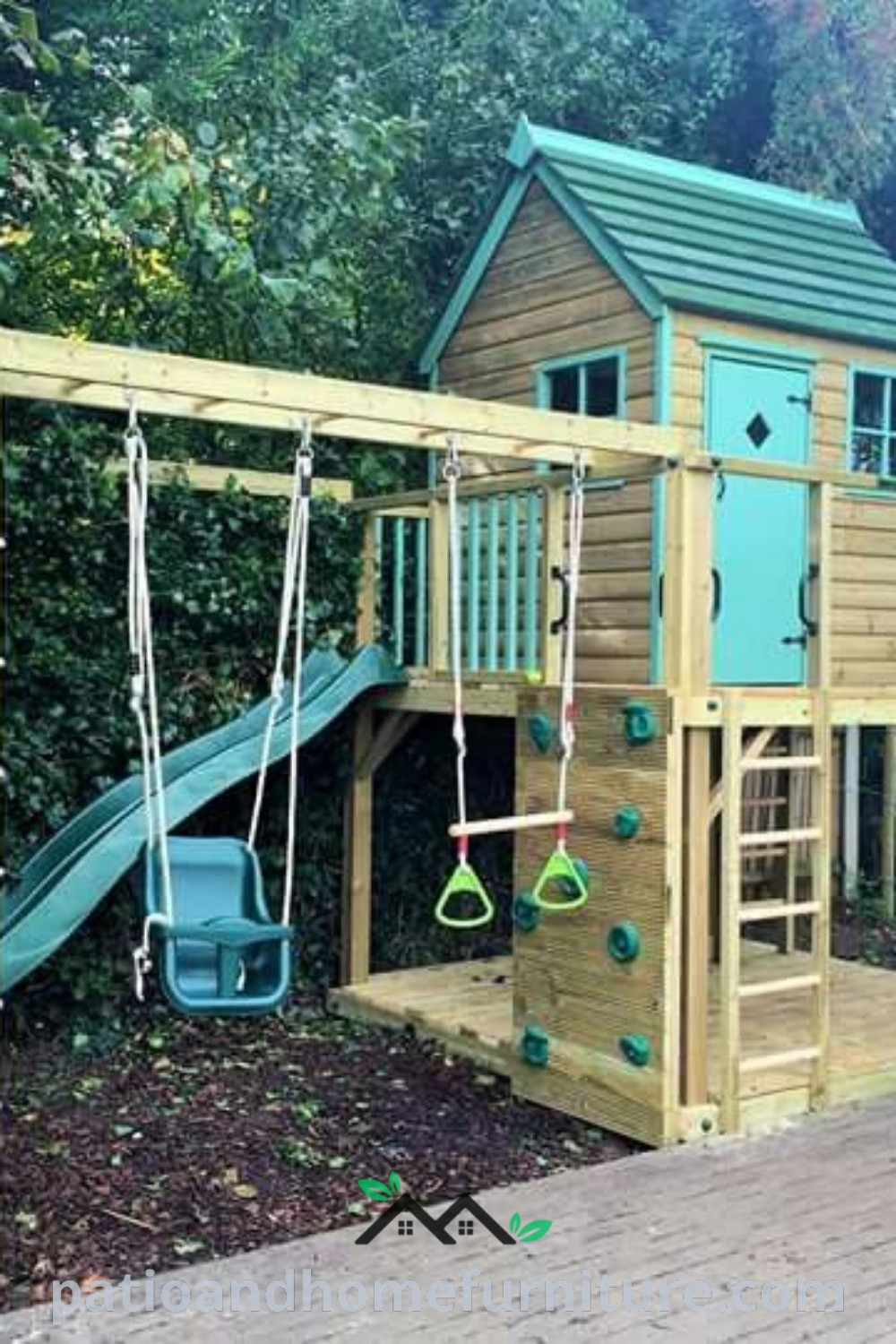 Wooden playset with swings and climbing ropes in a yard next to trees, showcasing cozy and inspiring design ideas for children