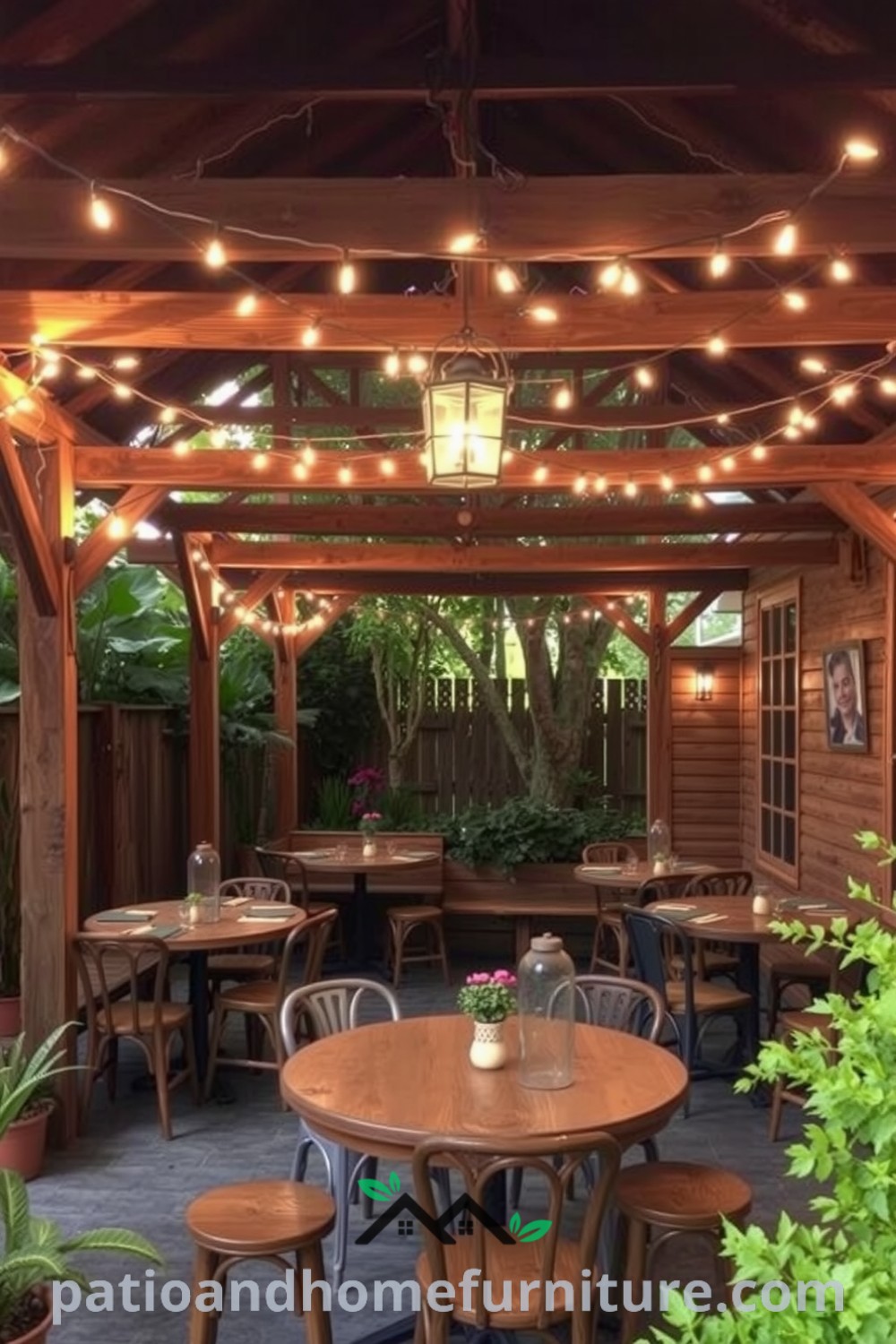 Cozy outdoor dining area framed by rustic beams, twinkling fairy lights, and lanterns, featuring weathered wooden tables and mismatched chairs, creating an inviting atmosphere for gatherings. Discover cozy ideas for your home at fireplacesandwoodstoves.com.