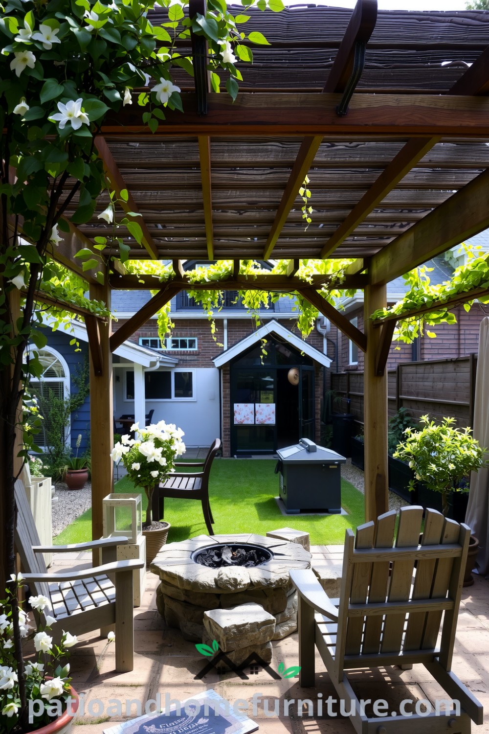 Cozy backyard with a rustic wooden pergola, climbing vines, weathered wooden furniture, a stone fire pit, and blooming flowers, creating an inspiring and tranquil atmosphere for relaxation and gatherings, offering unique ideas for your home from fireplacesandwoodstoves.com.