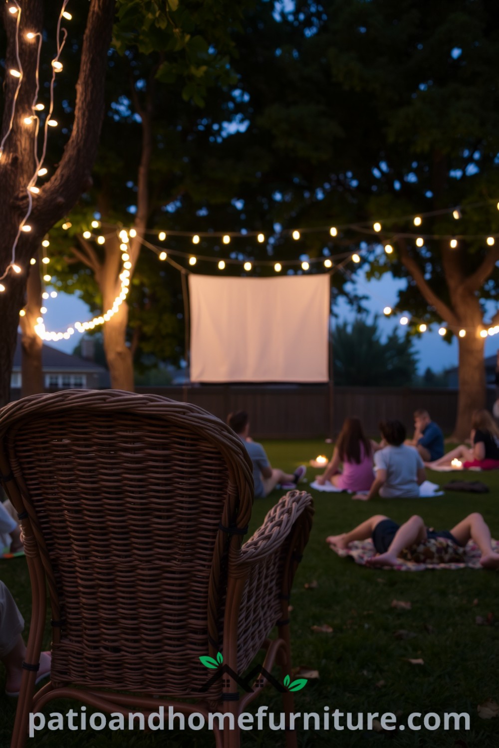 Wicker chair facing a makeshift screen between trees in a backyard cinema, adorned with twinkling fairy lights and surrounded by friends on blankets, creating a cozy, inviting atmosphere perfect for summer nights; visit fireplacesandwoodstoves.com for cozy ideas and decor inspirations.