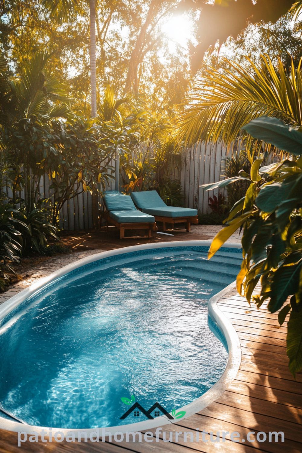 Serene tropical backyard oasis with an above ground pool, lush landscaping, cozy seating area, and relaxing outdoor living space from patioandhomefurniture.com.