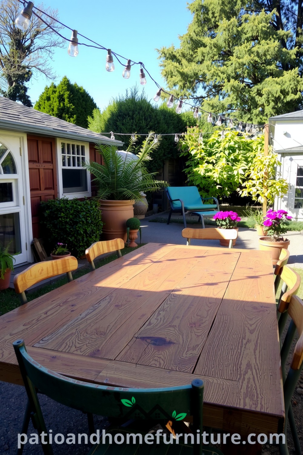 Cozy outdoor dining area with a rustic wooden table, mismatched chairs, string lights, and vibrant flowers, creating an inviting space for gatherings, featured on fireplacesandwoodstoves.com.