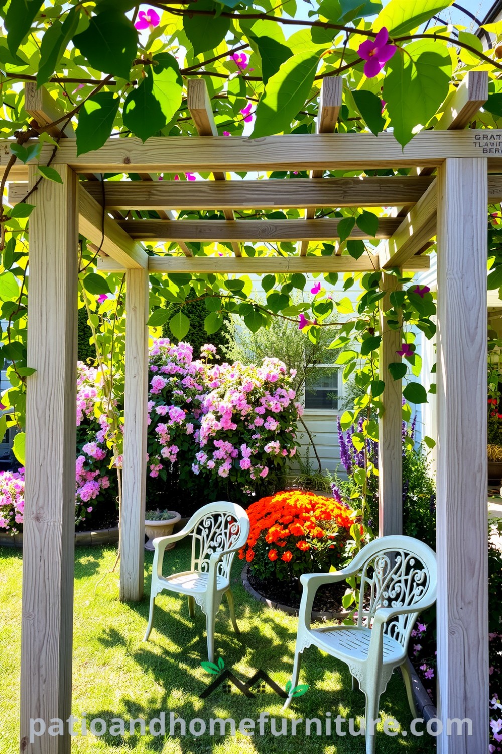 A cozy floral pergola surrounded by vibrant blooming flowers and lush vines, with scattered garden chairs inviting relaxation, perfect for creating an inspiring outdoor escape. Visit fireplacesandwoodstoves.com for unique ideas to enhance your home decor.