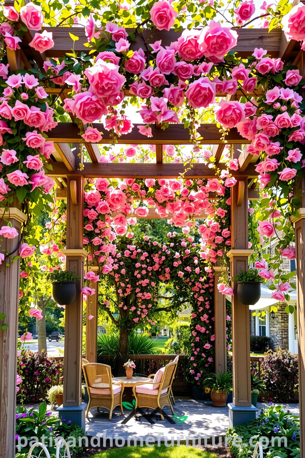 Floral pergola in a sun-drenched garden, draped with vibrant flowers and cascading vines, featuring a cozy seating area that invites relaxation, perfect for inspiring decor ideas and creating a cozy home atmosphere on fireplacesandwoodstoves.com.