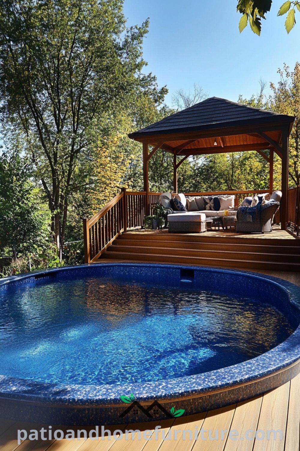 Elegant above ground pool retreat with wooden deck and cozy lounge area from patioandhomefurniture.com, showcasing backyard oasis above ground pool, beautiful above ground pool, and above ground pool deck with gazebo.