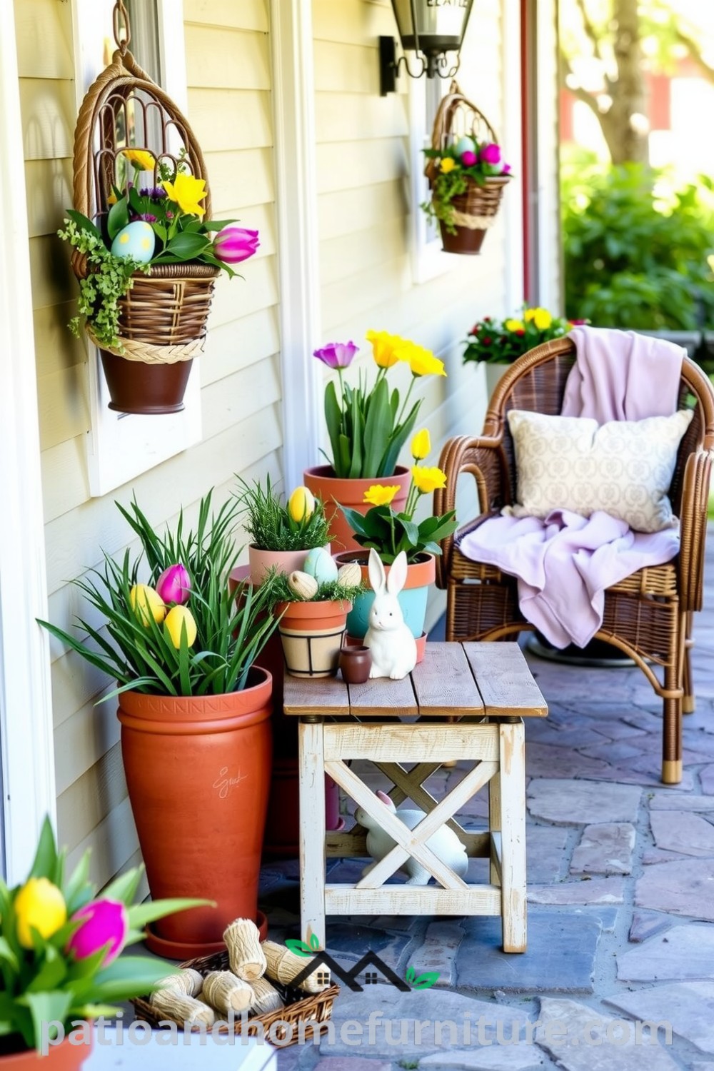 Easter patio decorated with hand-painted wooden eggs and terracotta pots filled with flowers, featuring a wicker chair with a pastel throw and a small table with a ceramic bunny, offering cozy ideas for a welcoming home atmosphere at fireplacesandwoodstoves.com.