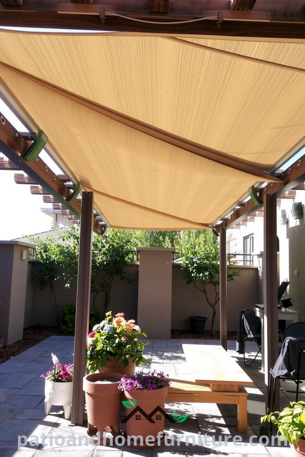 A retractable canopy pergola stands in a sunlit courtyard, showcasing weathered wooden beams and gray metal fittings, surrounded by vibrant potted flowers, creating a cozy and inviting atmosphere, perfect for outdoor gatherings. For more inspiration, visit fireplacesandwoodstoves.com.
