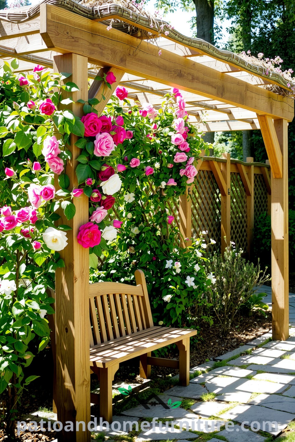 Floral wooden pergola adorned with vibrant climbing roses and jasmine in a sun-dappled garden, featuring a rustic bench and soft filtered light, creating a cozy retreat, perfect for inspiring garden decor ideas for your home. Visit fireplacesandwoodstoves.com for more unique ideas.