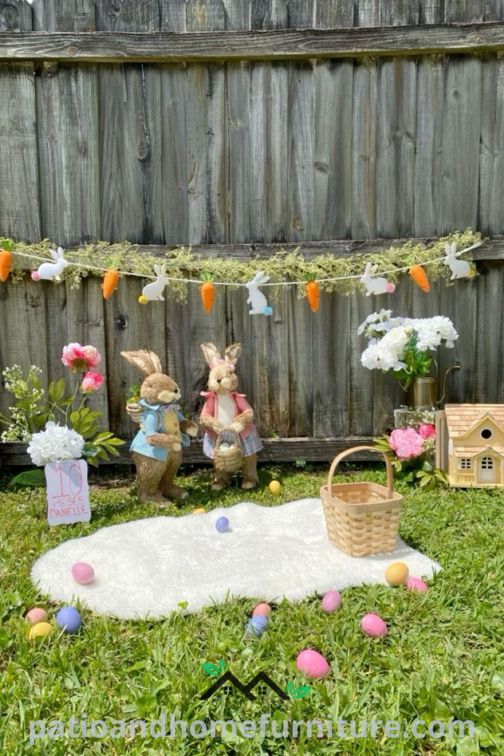Outdoor Easter party setting with bunnies, colorful flowers, and cheerful decorations, offering cozy ideas and unique design inspirations for a festive celebration, perfect for kids