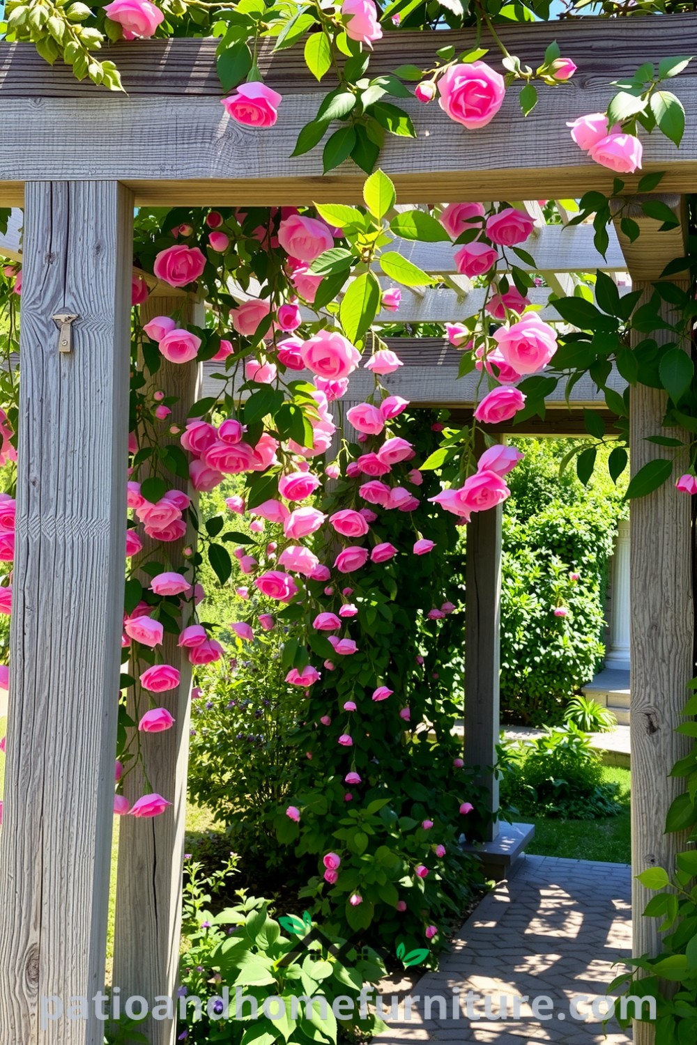 Floral pergola adorned with vibrant roses and jasmine in a sunlit garden, casting playful shadows on a cobblestone path, creating a cozy retreat for relaxation and inspiration for your home decor ideas at fireplacesandwoodstoves.com.