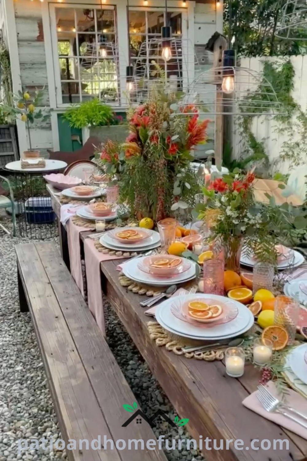 Cozy outdoor dinner table setting for a patio dinner party featuring layered linens, elegant dishware, and warm candlelight, creating inviting decor ideas for a special gathering, as seen on wellnesswink.com.