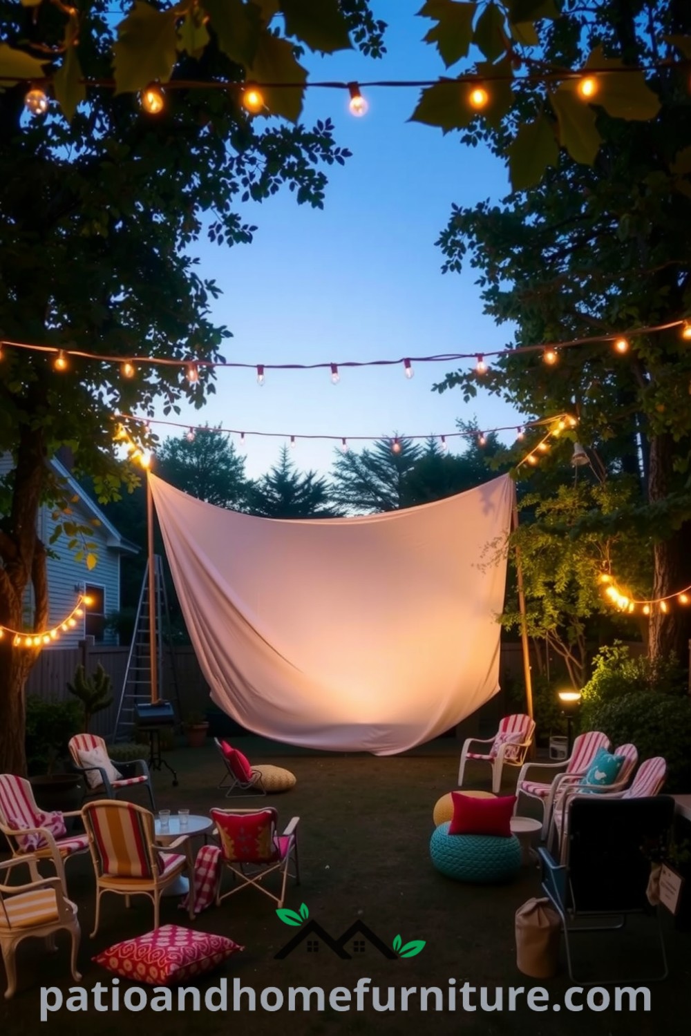 Backyard outdoor cinema setup with twinkling string lights, a white sheet screen, mismatched garden chairs, and colorful cushions, creating a cozy atmosphere for movie nights under the stars, inspiring unique cozy ideas for your home at fireplacesandwoodstoves.com.