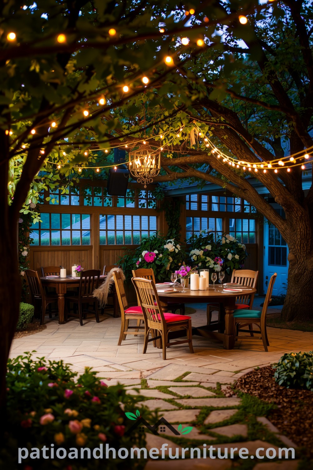 Charming outdoor dining area under twinkling fairy lights, featuring a rustic wooden table with mismatched chairs, stone pathways, and blooming flowers, evoking cozy ideas for unique outdoor gatherings; visit fireplacesandwoodstoves.com for more inspiring decor ideas.