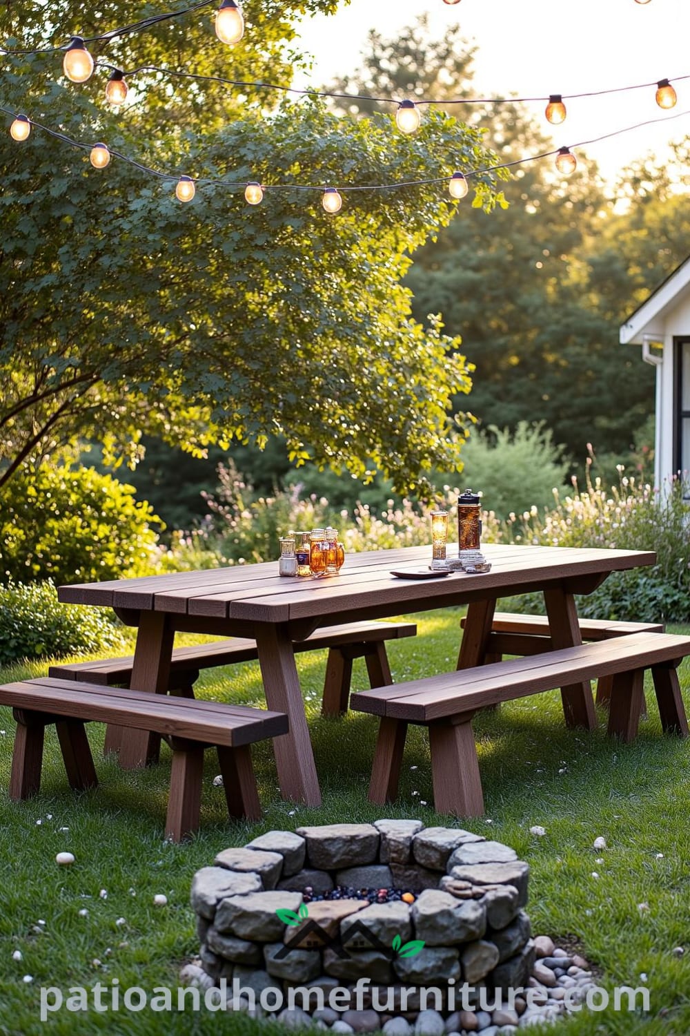 Cozy backyard with a weathered picnic table surrounded by mismatched benches, twinkling string lights overhead, a stone fire pit, and lush grass dotted with wildflowers, providing inspiring decor ideas for your home at fireplacesandwoodstoves.com.