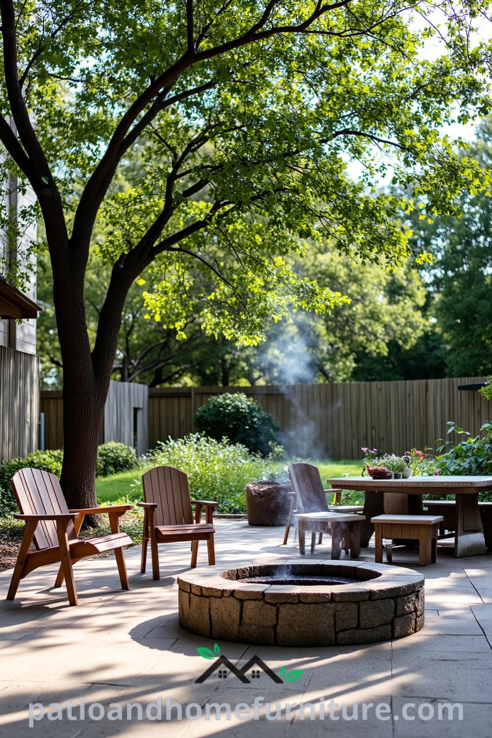 A rustic backyard with a weathered wooden deck, mismatched seating, and a sturdy picnic table, surrounded by lush greenery and featuring a cozy fire pit, offering unique ideas for outdoor decor and inspiration for creating a cozy home ambiance, as seen on fireplacesandwoodstoves.com.