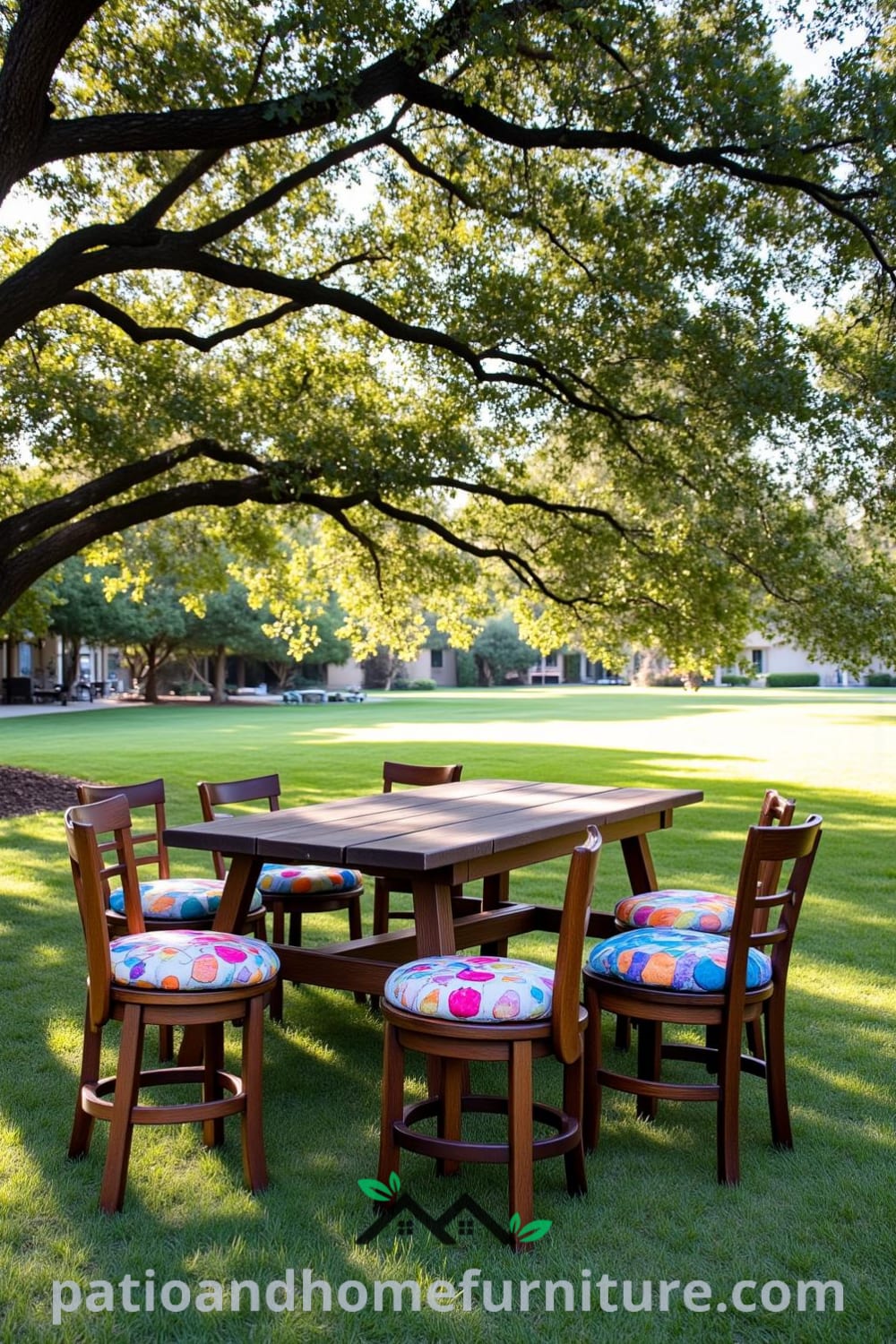 Cozy backyard picnic scene featuring a rustic wooden table under an oak tree, surrounded by colorful mismatched chairs, dappled sunlight on the grass, and an inviting atmosphere for family gatherings. Visit fireplacesandwoodstoves.com for inspiring decor ideas.