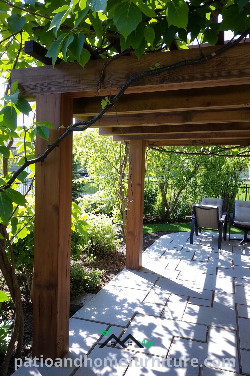Classic wooden pergola in a backyard entwined with climbing vines, casting playful shadows on a stone patio, creating a serene atmosphere for relaxation and gatherings, with inspiring decor ideas at fireplacesandwoodstoves.com.