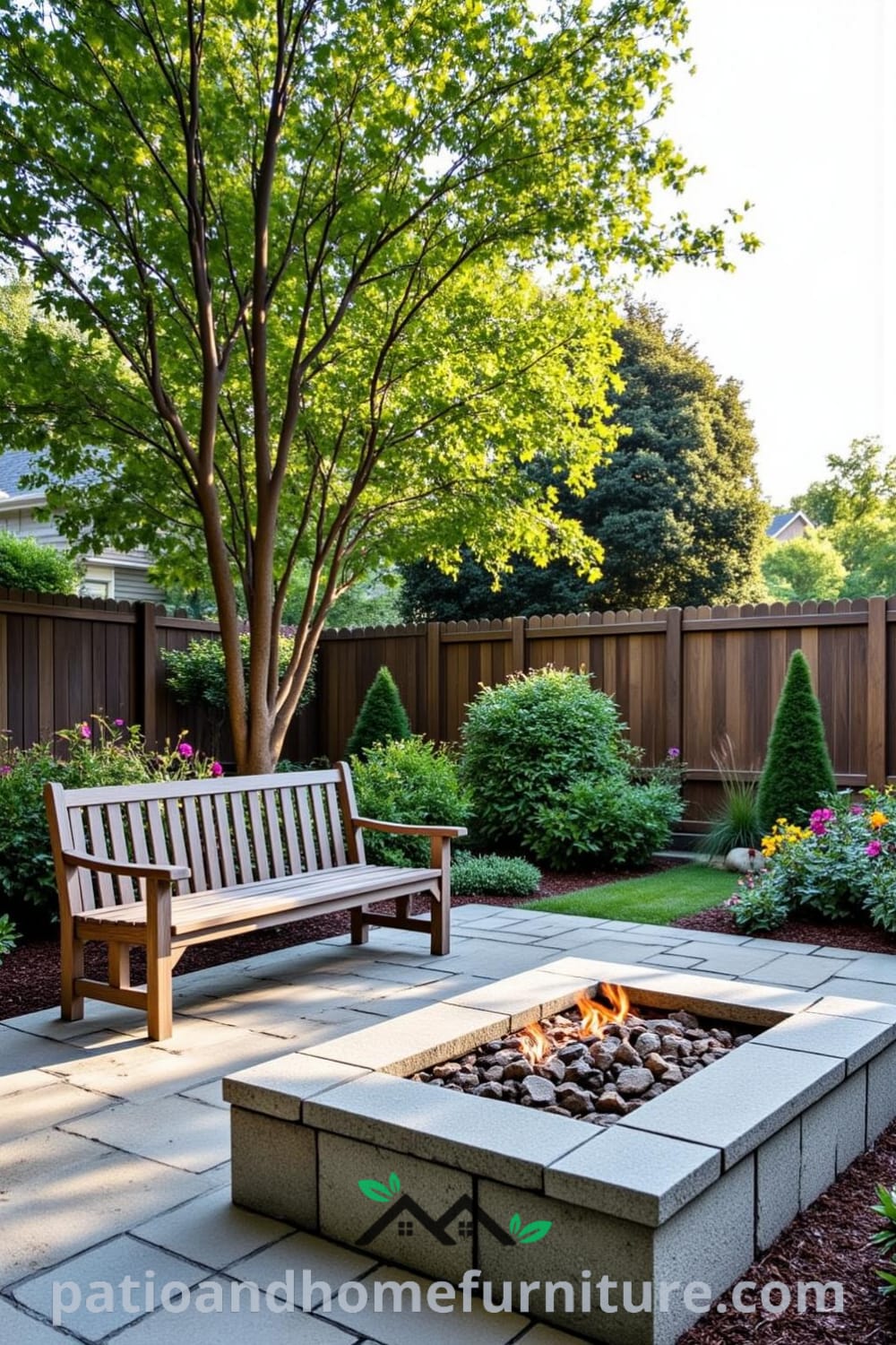 Cozy backyard patio featuring a natural stone surface, vibrant wildflowers, and a wooden bench, complete with a fire pit, creating a serene atmosphere ideal for relaxation and gatherings, as shown on fireplacesandwoodstoves.com.