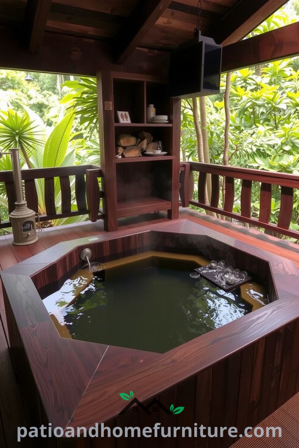 Japanese soaking hot tub on a wooden deck surrounded by greenery, with steam rising from the water, creating a cozy retreat atmosphere perfect for relaxation; visit fireplacesandwoodstoves.com for more cozy decor ideas and inspirations.