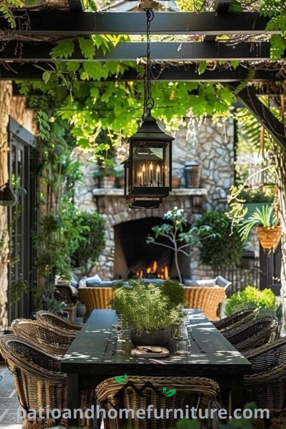 A cozy outdoor dining area on a Mediterranean patio with wicker chairs, a table, and lush greenery creates an inviting atmosphere for relaxation and gatherings. Visit wellnesswink.com for more design inspirations.