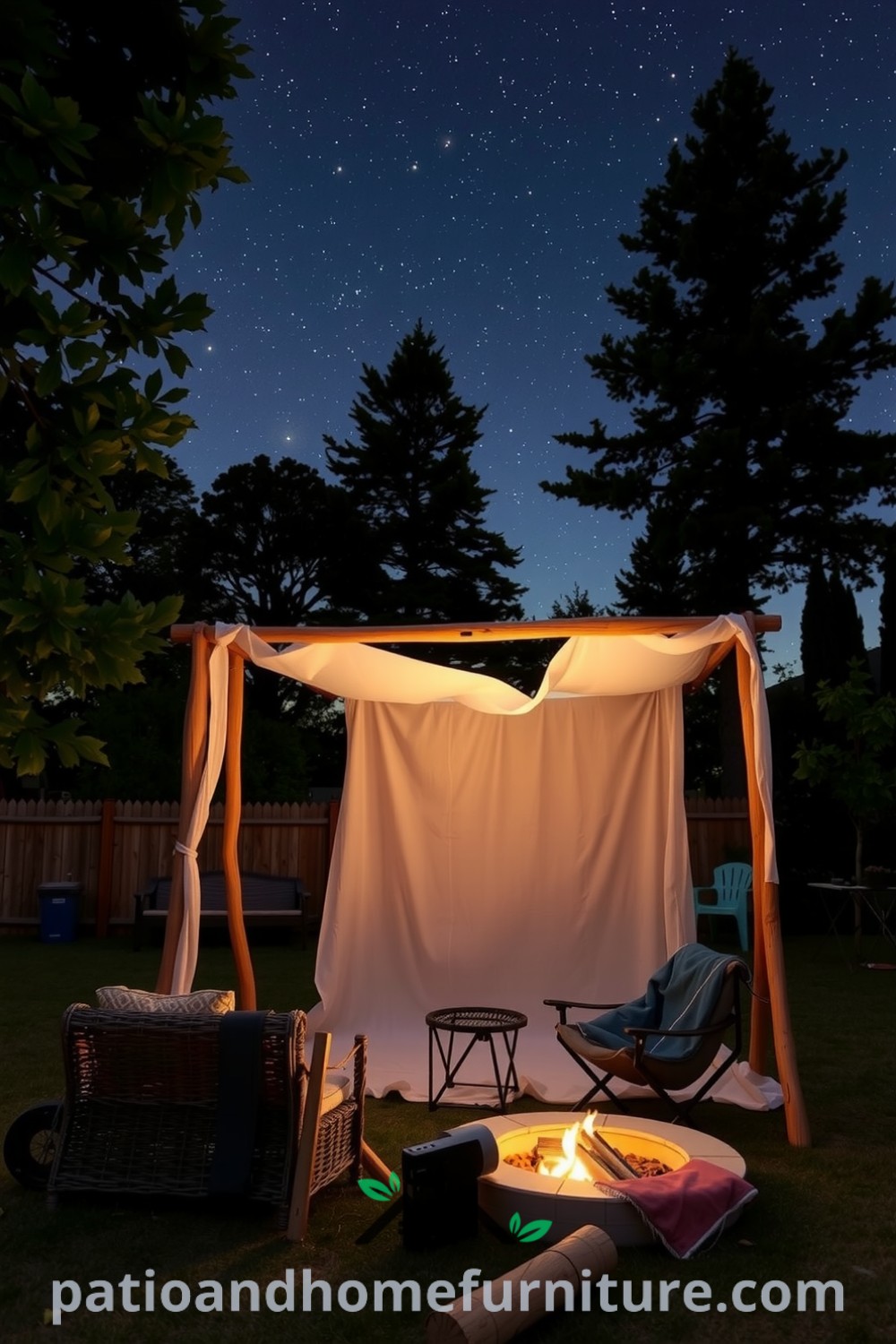 Backyard cinema under a starry sky with a white sheet screen, mismatched chairs, fire pit, and friends enjoying a cozy movie night, showcasing inspiring decor ideas for your home from fireplacesandwoodstoves.com.