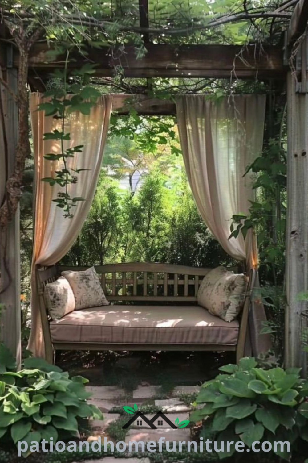 Outdoor reading nook featuring a cozy wooden bench with pillows and curtains under a pergola, creating an inviting garden space for relaxation and reading, ideal for outdoor enthusiasts and book lovers. website wellnesswink.com