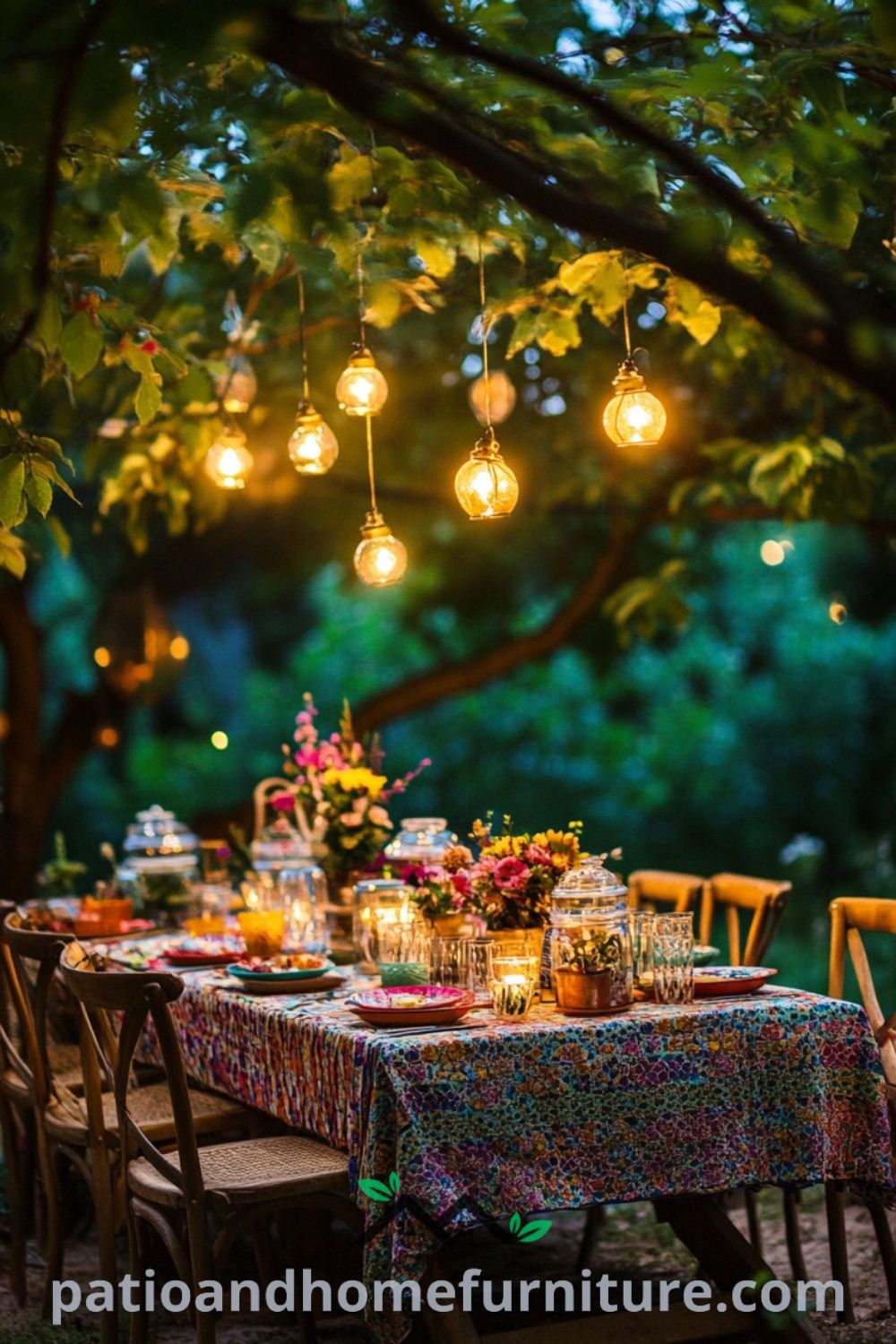 Outdoor boho dinner party set under a starlit sky, featuring mismatched wooden chairs, a rustic table with vibrant tablecloths, glowing lanterns, colorful dishes, and fresh flowers in glass jars, perfect for cozy ideas and design inspirations for your home. Visit fireplacesandwoodstoves.com.
