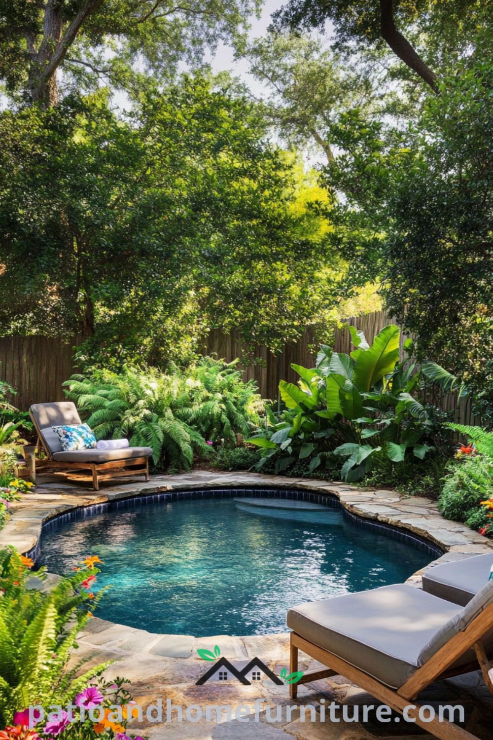Backyard pool oasis featuring rustic stone pavers, lush green ferns, and colorful flowers, with inviting wooden lounge chairs, offering cozy ideas for home decor and outdoor design inspiration. Visit fireplacesandwoodstoves.com for more unique ideas.