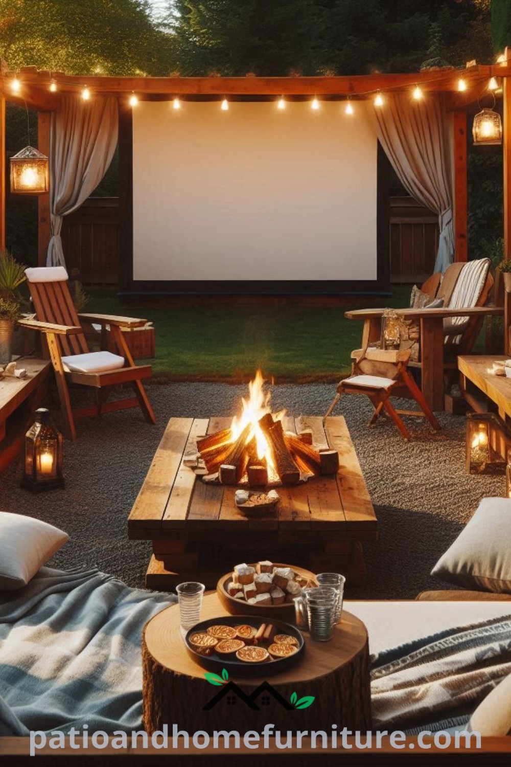 Outdoor movie theater with string lights, wooden tables, lawn furniture, and a cozy fire pit, creating an inviting hangout area for movie nights, with inspiring decor ideas from wellnesswink.com.