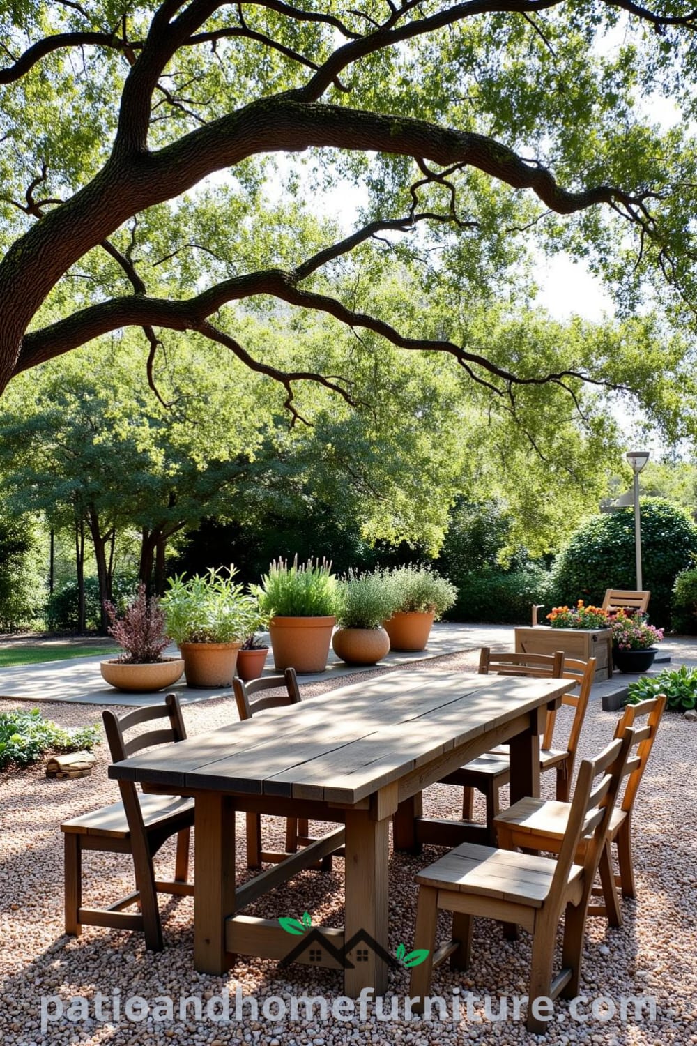 Charming outdoor picnic setup featuring a rustic wooden table beneath an oak tree, surrounded by mismatched chairs and potted herbs, creating a cozy atmosphere ideal for family gatherings and outdoor relaxation, as seen at fireplacesandwoodstoves.com.