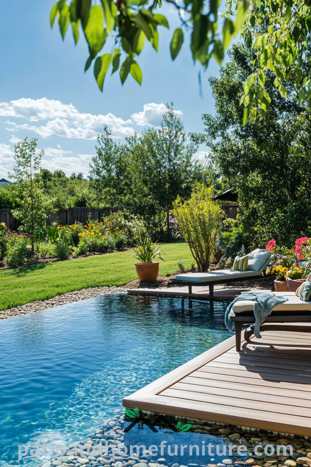 Inviting tropical pool oasis from patioandhomefurniture.com with inground pool, lush landscaping, cozy fire pit, and pool patio ideas for an attractive outdoor living space.