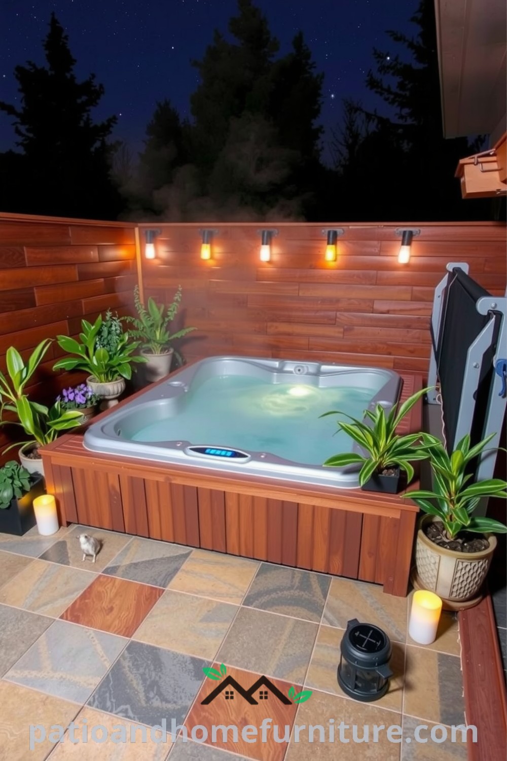 Deck-integrated hot tub nestled among wooden planks and rustic stone tiles, surrounded by potted plants and illuminated by warm solar lanterns, creating a cozy retreat for relaxation, perfect for inspiring unique ideas for your home at fireplacesandwoodstoves.com.