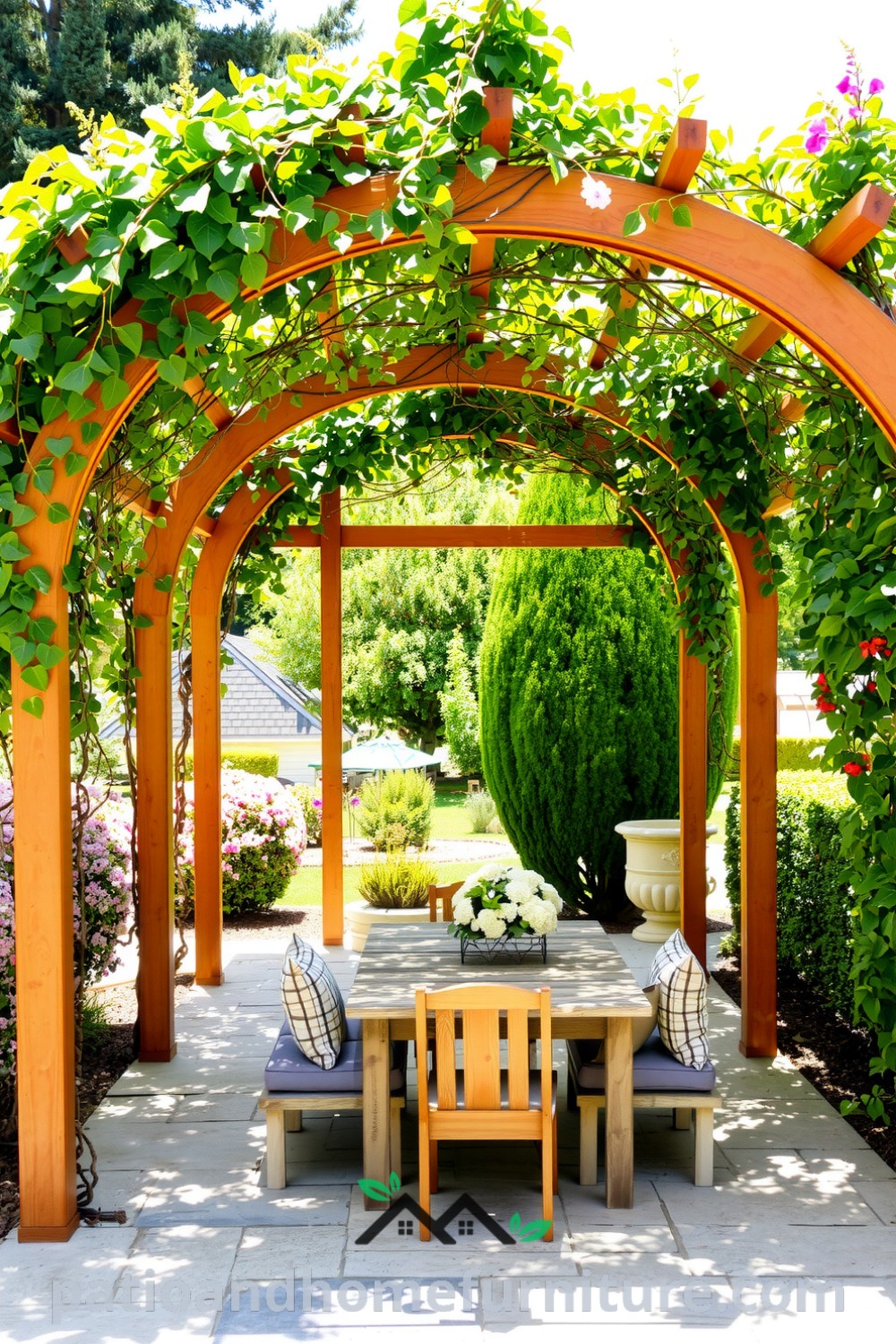 Beautiful garden pergola with climbing vines over wooden beams, shaded stone patio below, rustic wooden table and cushions creating a cozy retreat, perfect for enjoying nature
