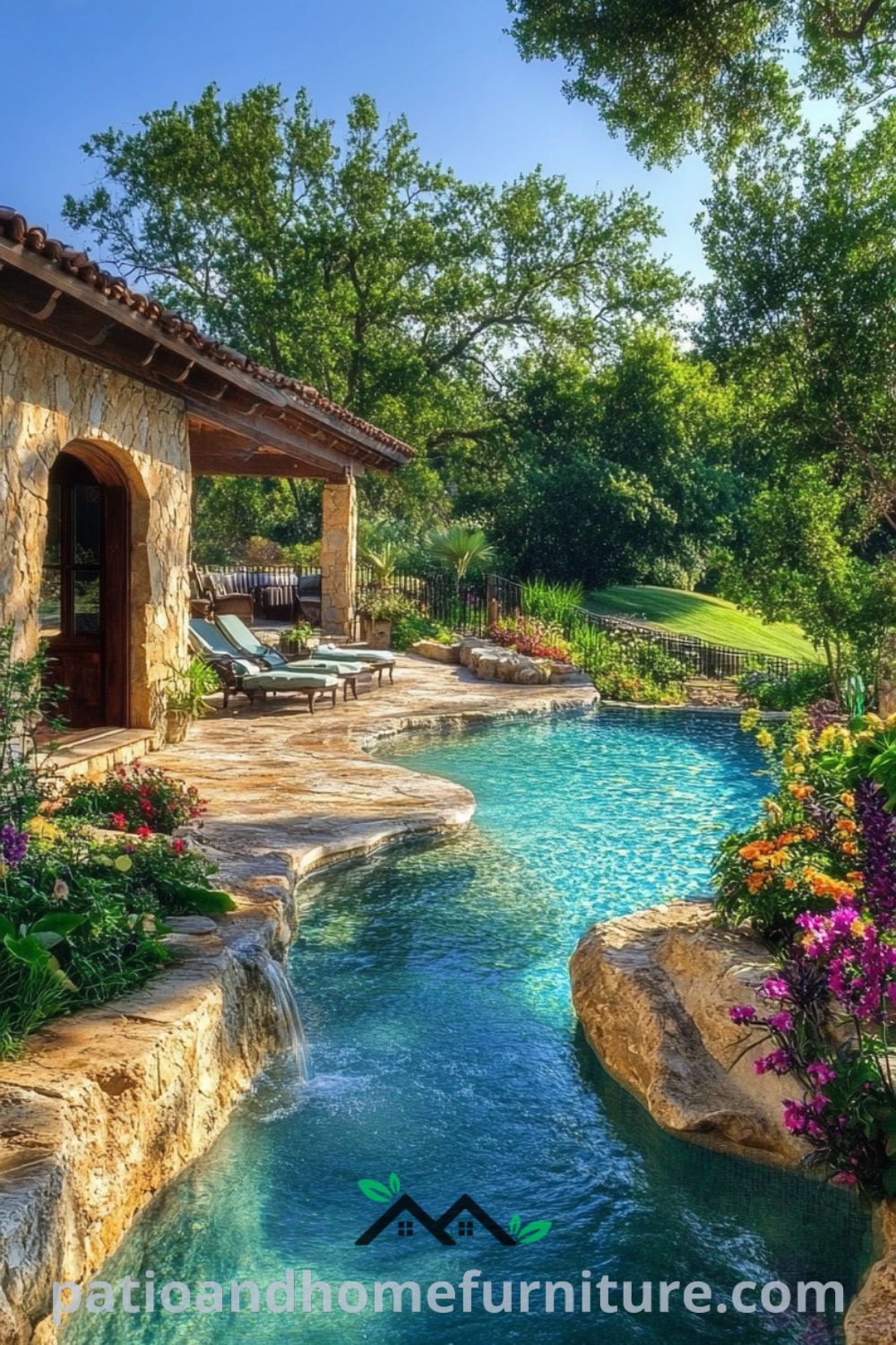 Inviting poolside oasis design with inground pool, colorful flowers, and cozy outdoor living space from patioandhomefurniture.com, featuring pool landscaping and inspiring decor ideas for a relaxing atmosphere.