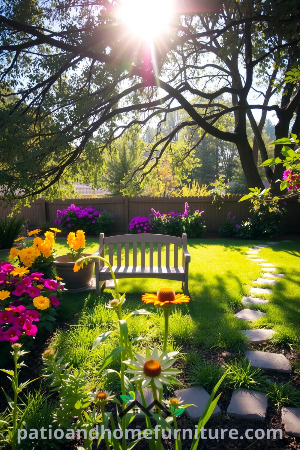 A vibrant backyard scene with colorful flowers, lush grass, a rustic wooden bench under a tree, and a cozy fire pit, providing inspiring cozy ideas and decor inspirations for your home, showcased on fireplacesandwoodstoves.com.