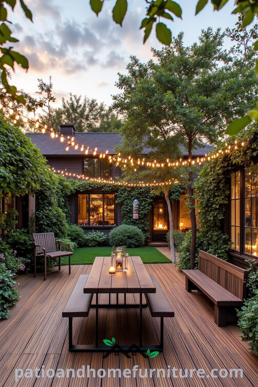 Cozy backyard dining scene with weathered wooden decking, lush greenery, a metal dining table under fairy lights, and mismatched chairs, offering unique ideas for creating inviting outdoor spaces at fireplacesandwoodstoves.com.
