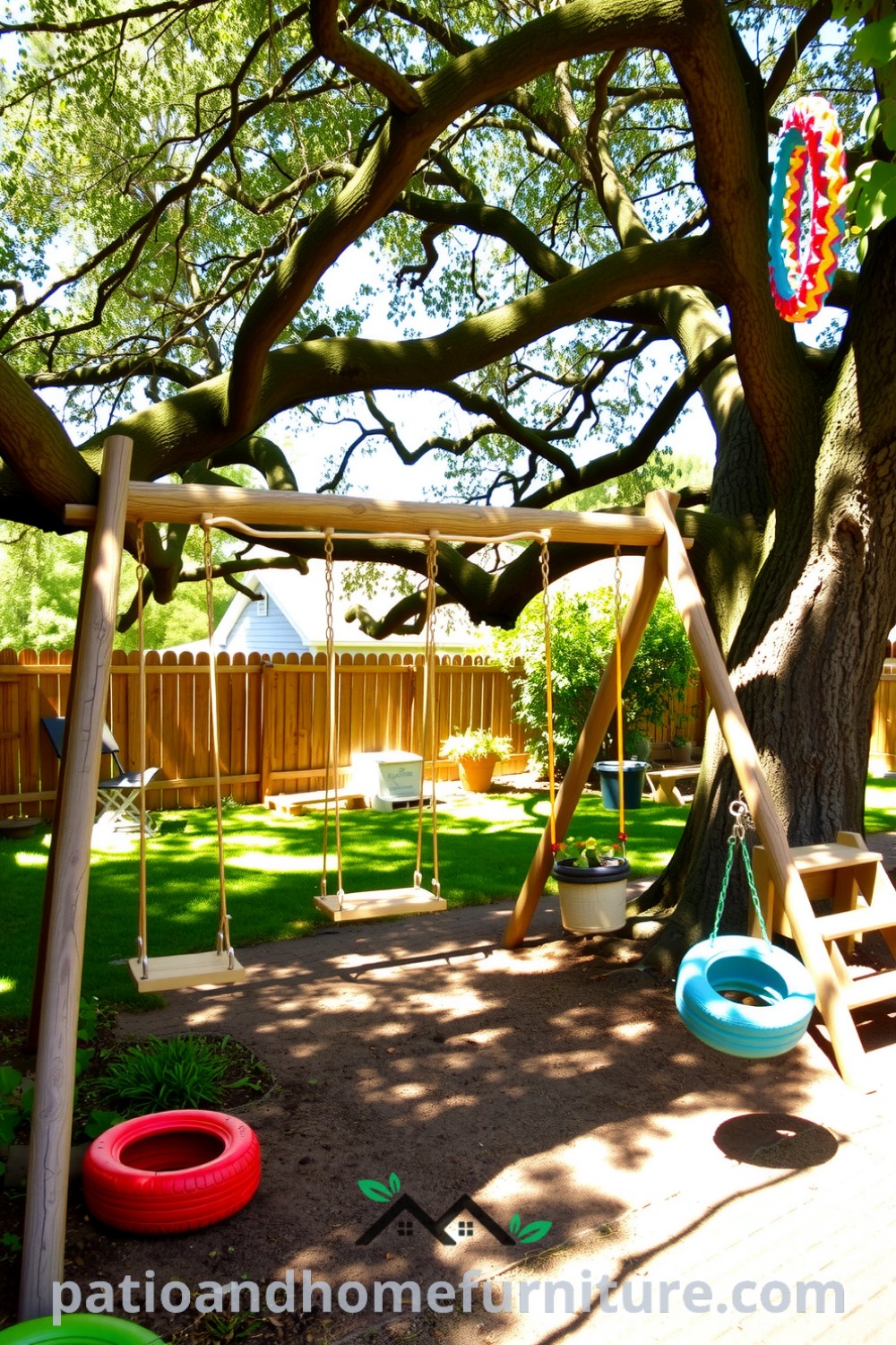 Backyard playground under an oak tree featuring wooden swings, a climbing frame, vibrant grass, and colorful tire planters, providing cozy ideas for family fun and inviting decor inspirations for outdoor spaces at fireplacesandwoodstoves.com.