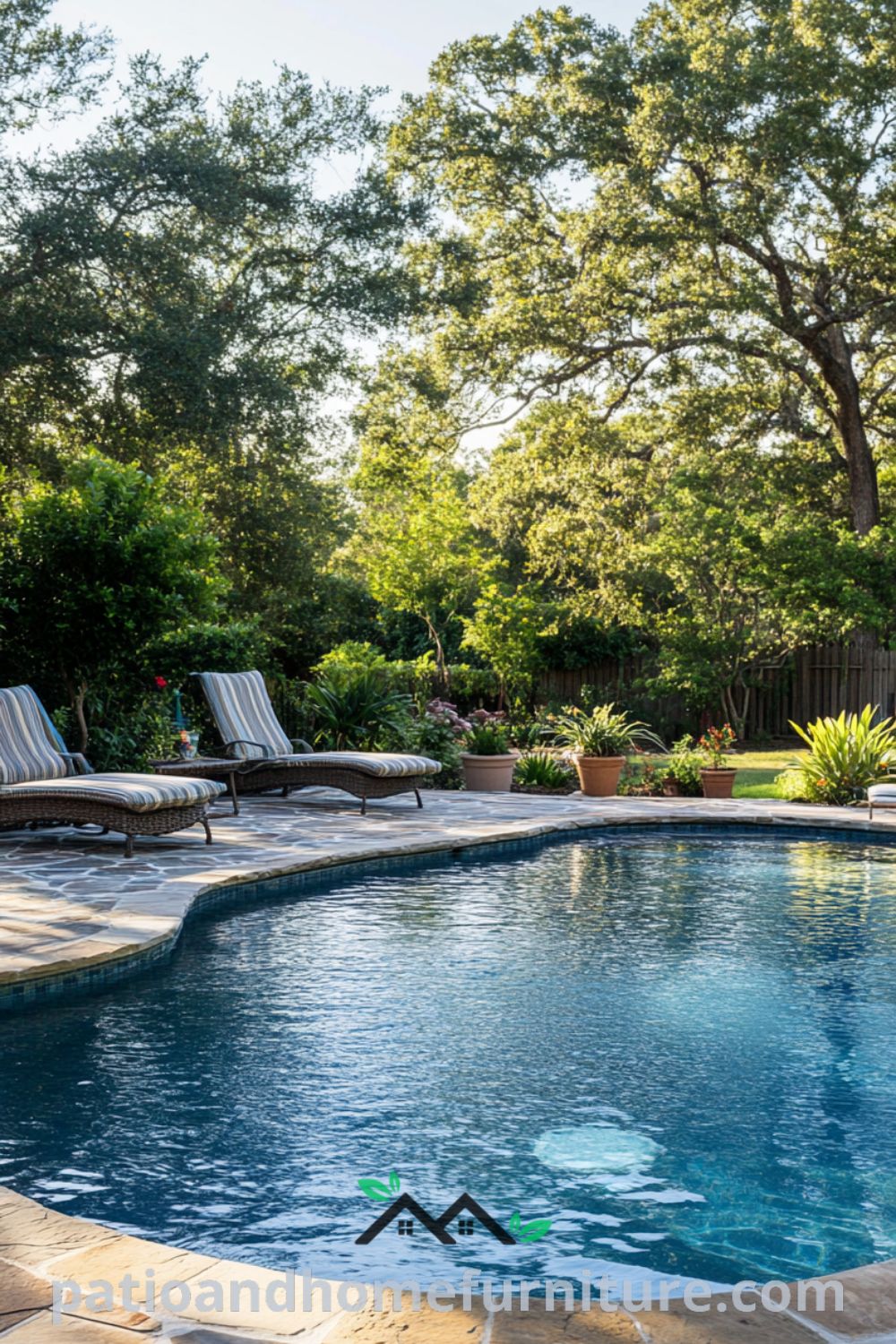 Backyard pool oasis with glistening water, textured stone tiles, comfortable lounge chairs, and potted plants, offering cozy ideas for outdoor relaxation and inspiring design ideas for your home, featured on fireplacesandwoodstoves.com.