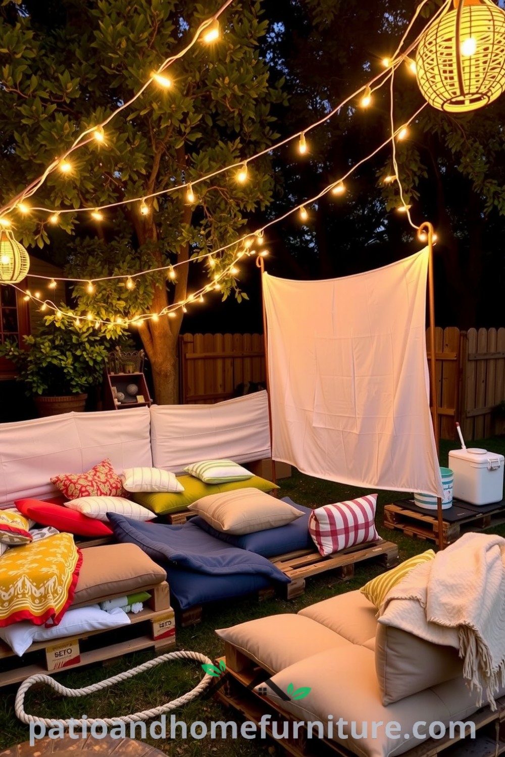 Backyard cinema setup featuring cozy seating with colorful cushions on wooden pallets, a flowing white bedsheet as a screen, and twinkling fairy lights creating a warm ambiance, offering unique ideas for your home, with inspirations for a cozy décor. Find more at fireplacesandwoodstoves.com.