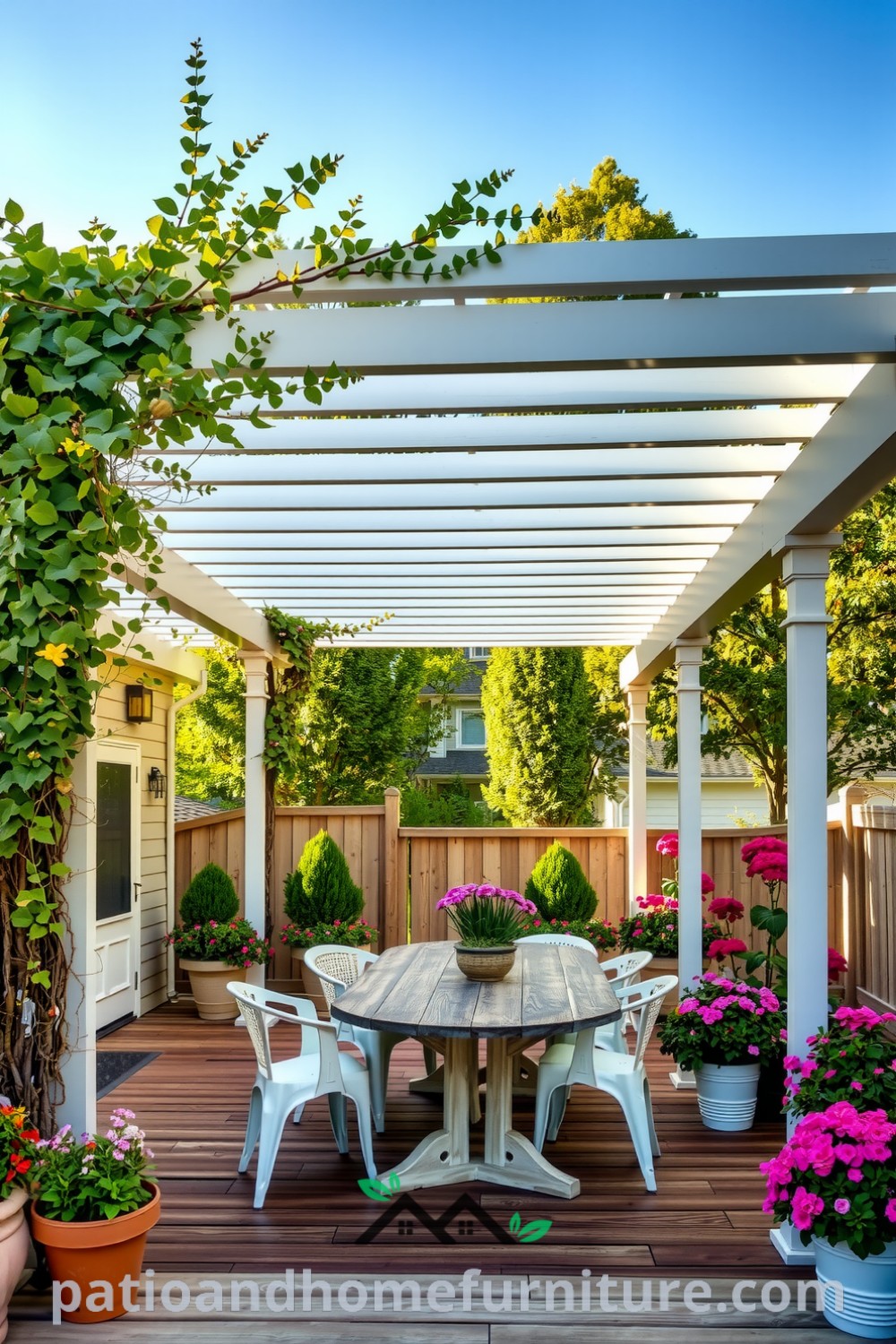 Vinyl pergola over a rustic wooden patio with climbing vines, weathered table, and vibrant flower pots, creating a cozy outdoor space for gatherings, inspired decor ideas for your home, visit fireplacesandwoodstoves.com.